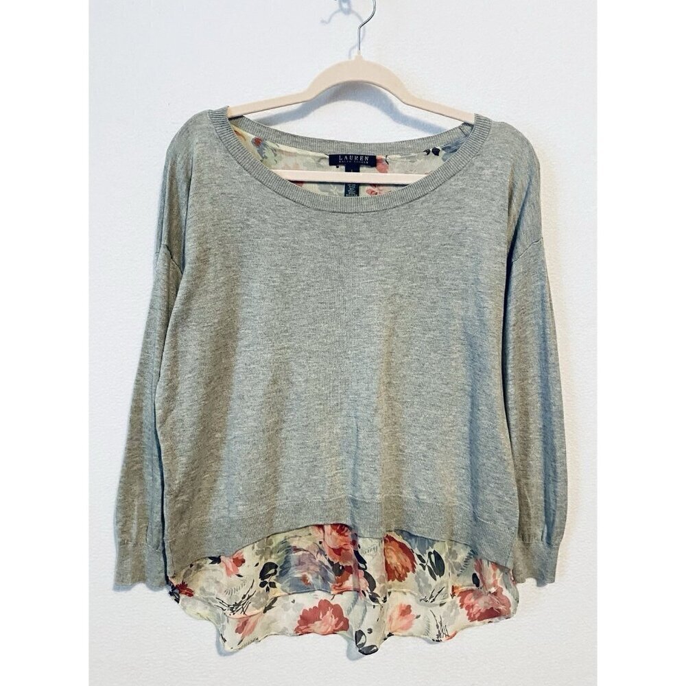 Ralph Lauren Sweater Womens Large Gray Lightweight Knit Chiffon Floral Hem Boho